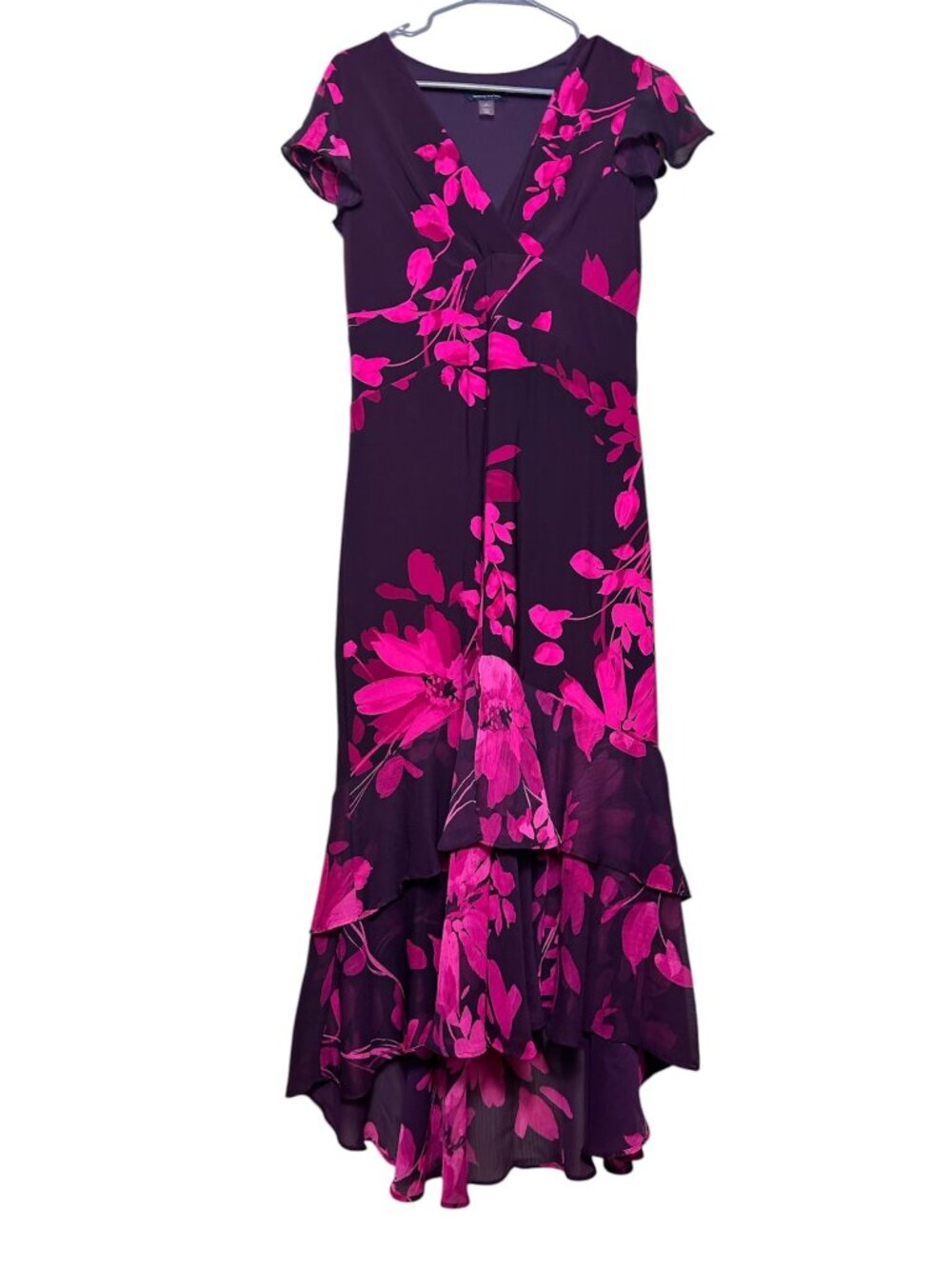 Tommy Hilfiger Flutter Sleeve V-Neck Ruffle Trim Midi Dress, Wineberry  6 - Picture 2 of 4
